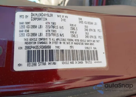 2001 Dodge Grand Caravan Sport z USA, uszkodzony, nr VIN 2B8GP44351R308080